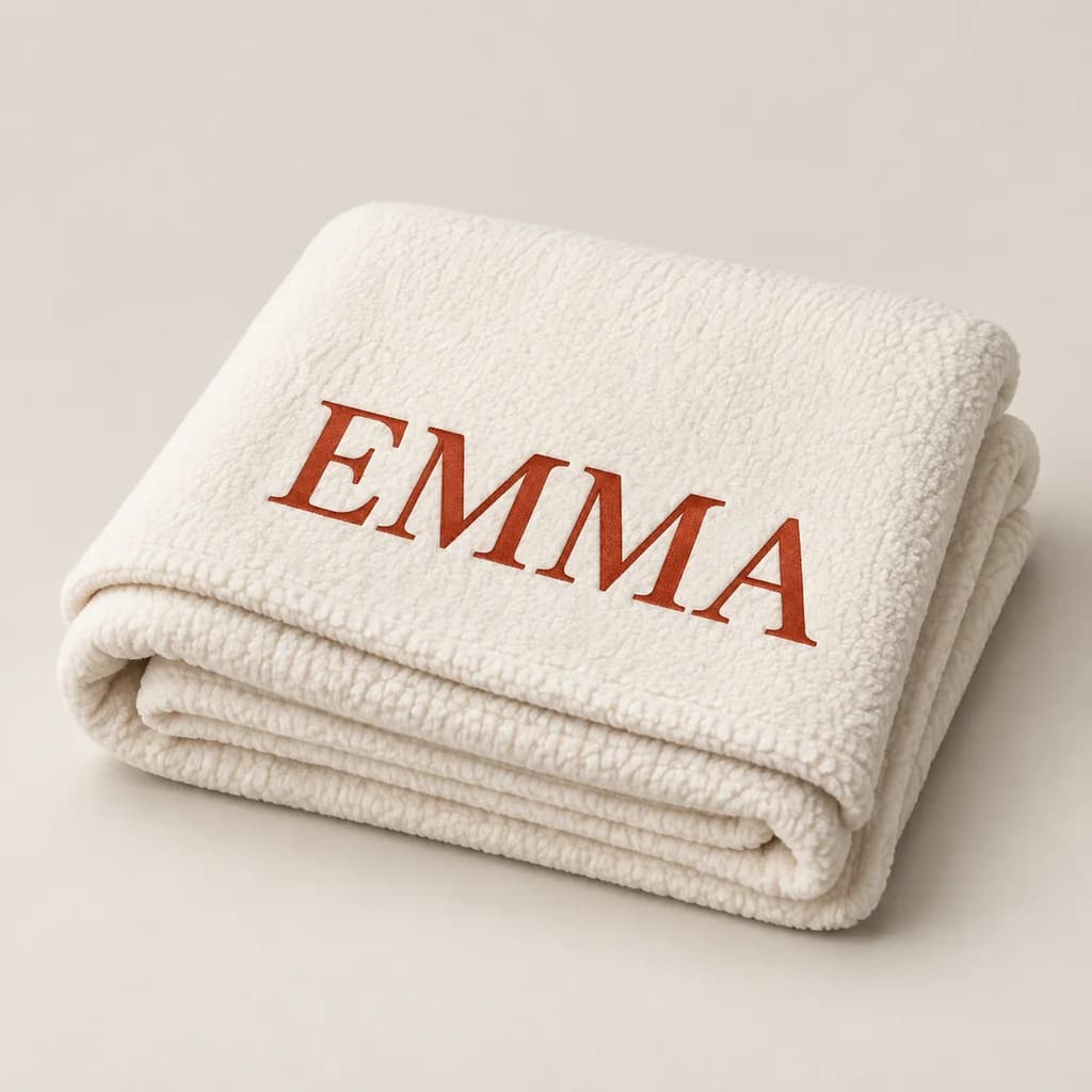 Folded ivory blanket personalized with the name Emma