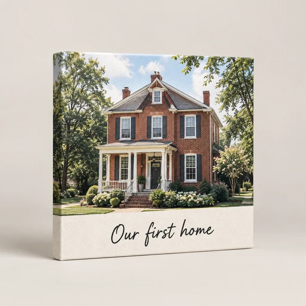 Gallery-wrapped canvas with a house photo and Our first home caption