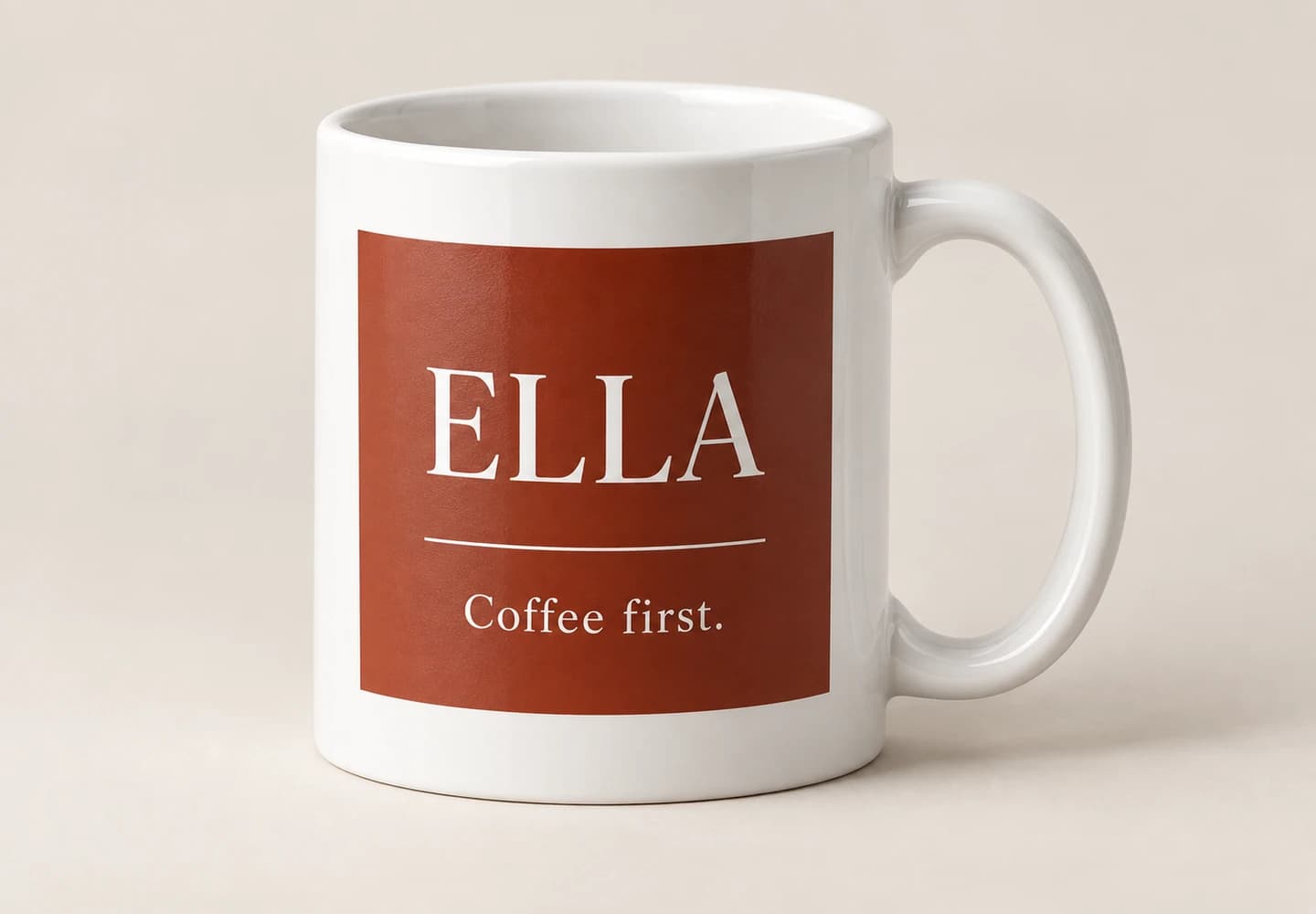 Ivory mug personalized with Ella and Coffee first