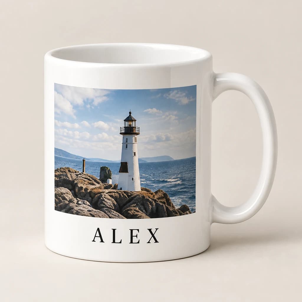 Ceramic mug with a lighthouse photo and the name Alex printed below