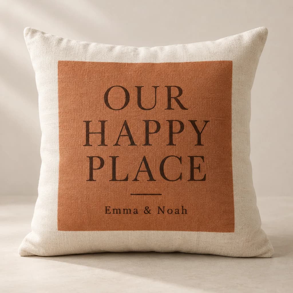 Cream throw pillow personalized with Our happy place and Emma and Noah