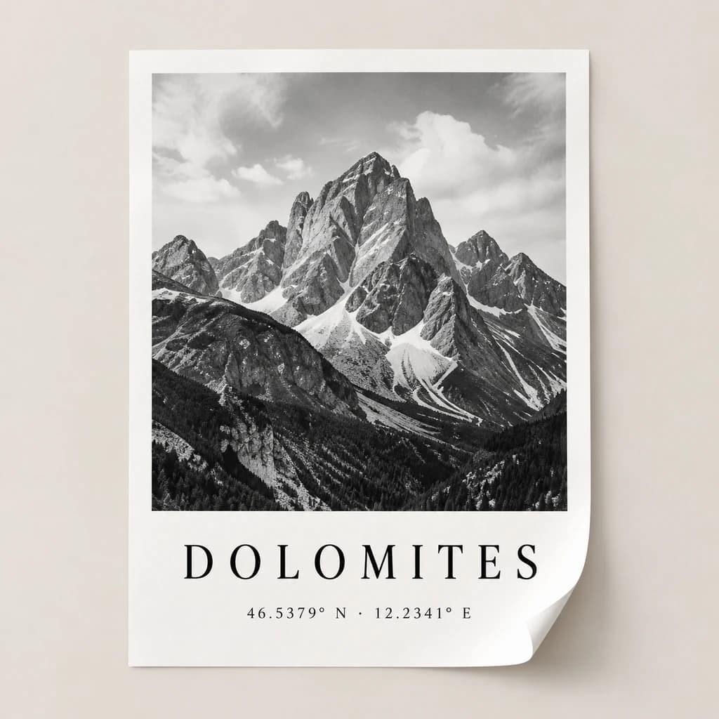 Unframed paper poster with a black-and-white mountain photo and Dolomites title