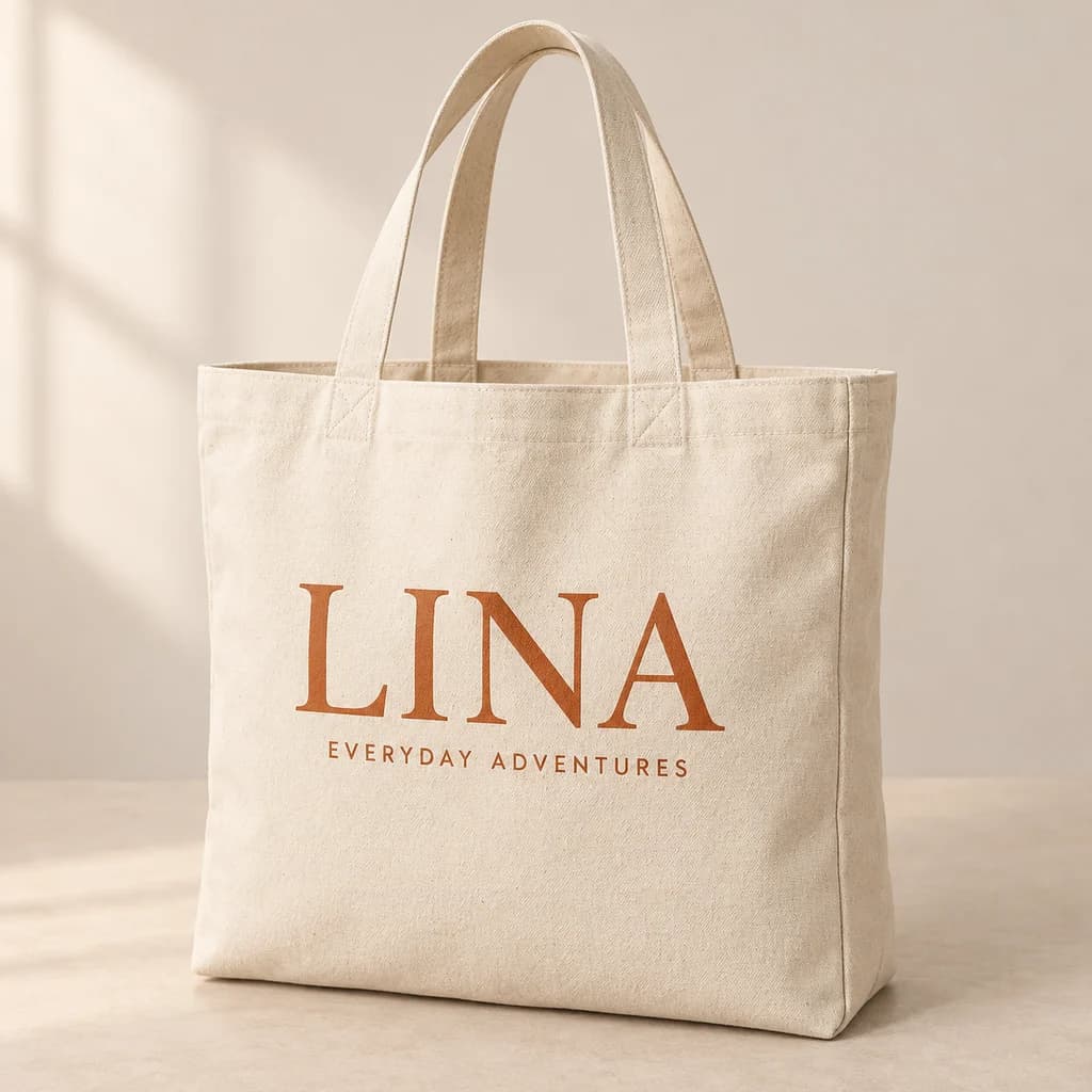 Natural canvas tote personalized with Lina and Everyday adventures