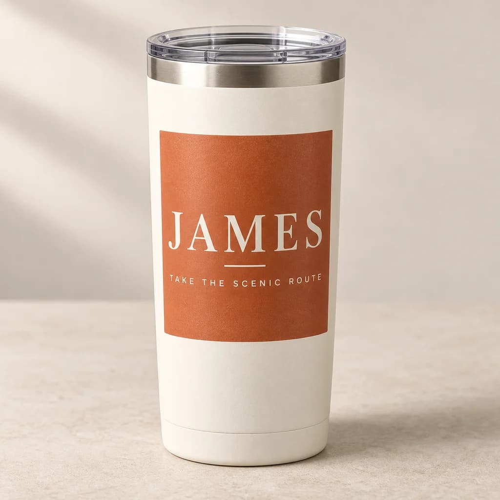 Ivory travel tumbler personalized with James and Take the scenic route