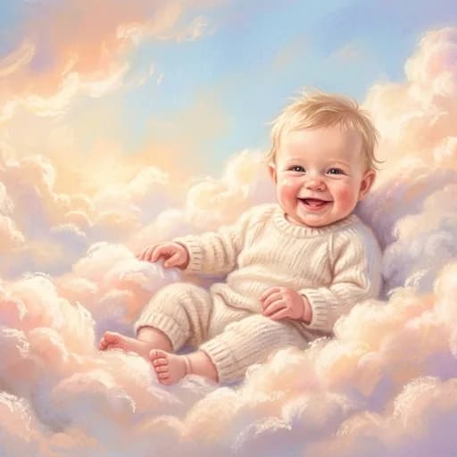 Dreamy Pastel Clouds baby portrait style: an example of AI nursery artwork made from a newborn photo
