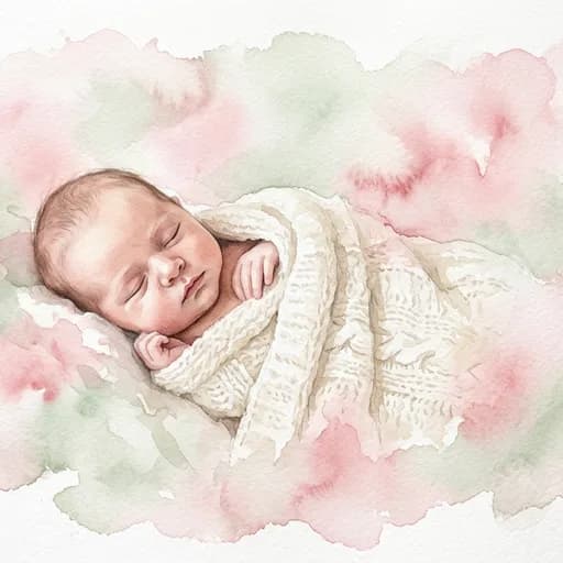 Soft Watercolour baby portrait style: an example of AI nursery artwork made from a newborn photo