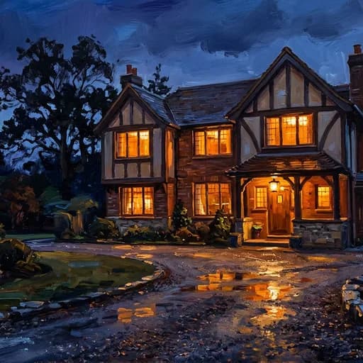 Evening Lights Painting style: a house at blue hour with amber light from the windows falling on the front path