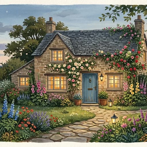 Storybook Cottage style: the same house illustrated with golden window light, flowers and a winding path