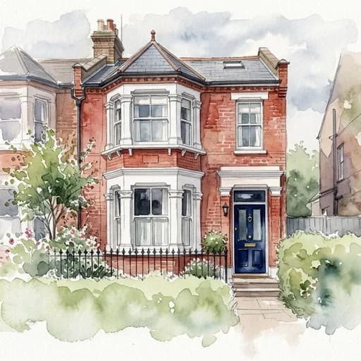 Watercolour House Portrait style: a house painted in translucent washes with the roofline and windows kept true to the photo